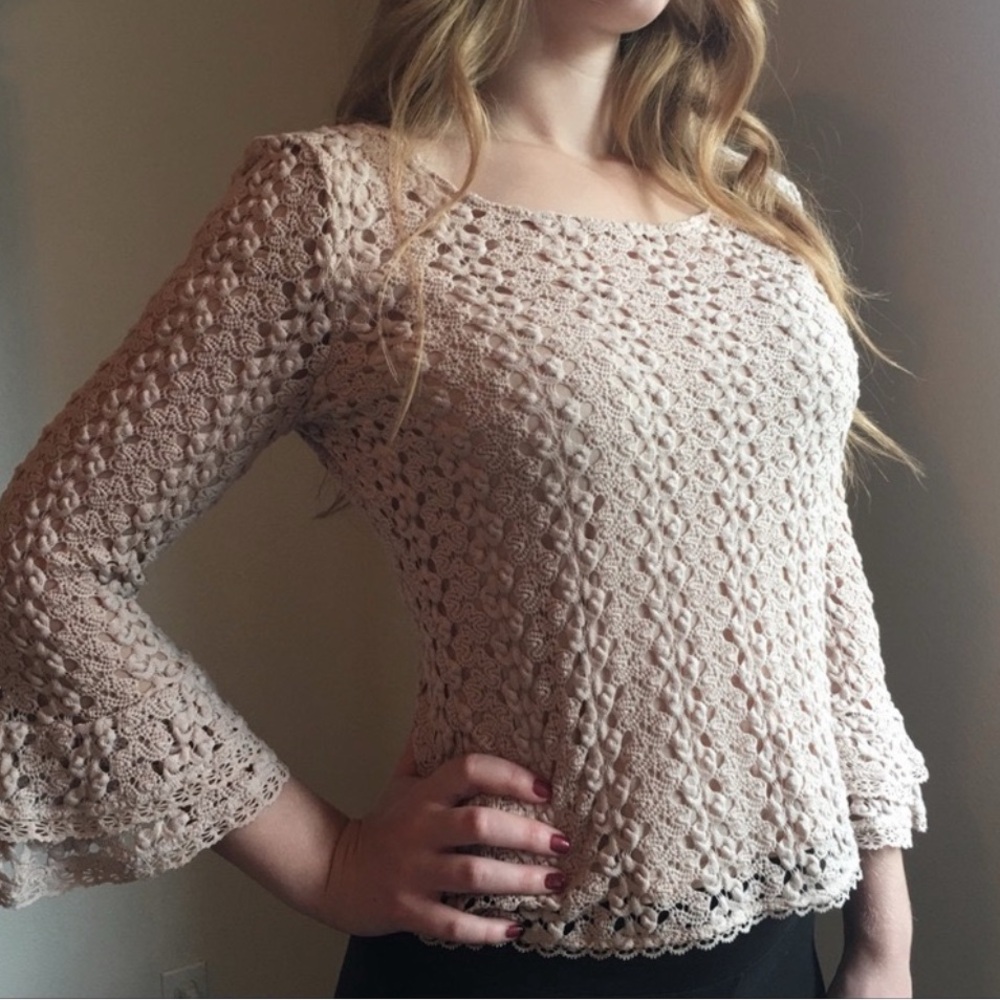 Free People Classy Beige Crochet Bell Sleeve Top